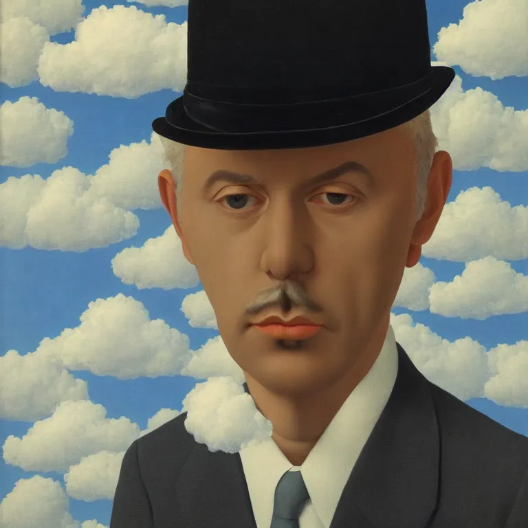 Prompt: portrait of man in a suit with clouds hiding his head by rene magritte, detailed painting, hd, hq, high resolution, high detail, 4 k, 8 k