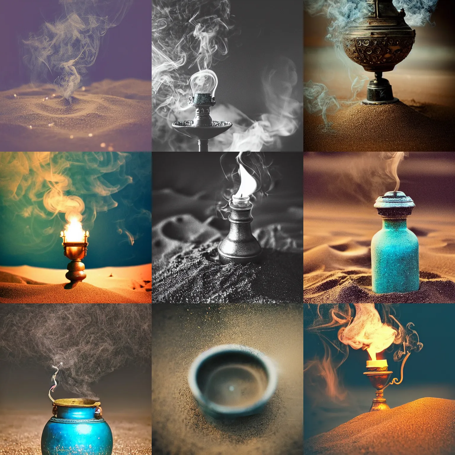 Prompt: “Magic smoke swirling out of an ornate oil lamp in the sand, swirly smoke, surrounded by clouds, air particles, glitter, cinematic, 50mm lens, bokeh”