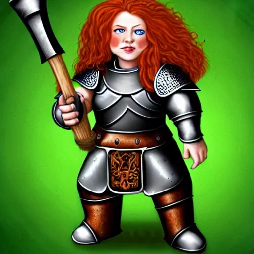 Image similar to dwarven woman, ginger hair, green eyes, holding hammer and shield with plate armour