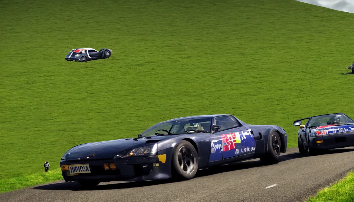 Prompt: Top Gear driving over the hill in the Windows XP desktop wallpaper, trending on artstation
