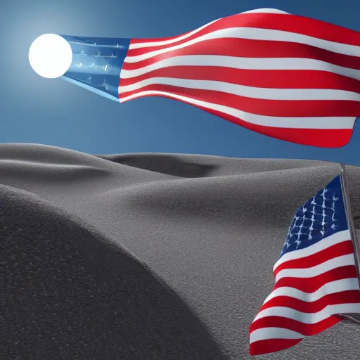 Image similar to fantasy illustration of american moon landing with american flag in 8 k