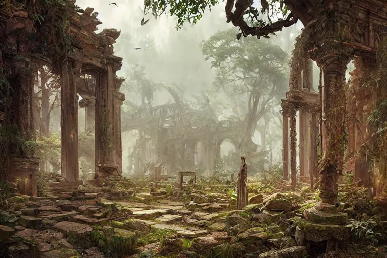 Image similar to painting of sacred ancient cursed ruins, forest, concept art, intricate details, eerie, highly detailed, photorealistic, octane render, 8 k, unreal engine. art by artgerm and greg rutkowski and alphonse mucha