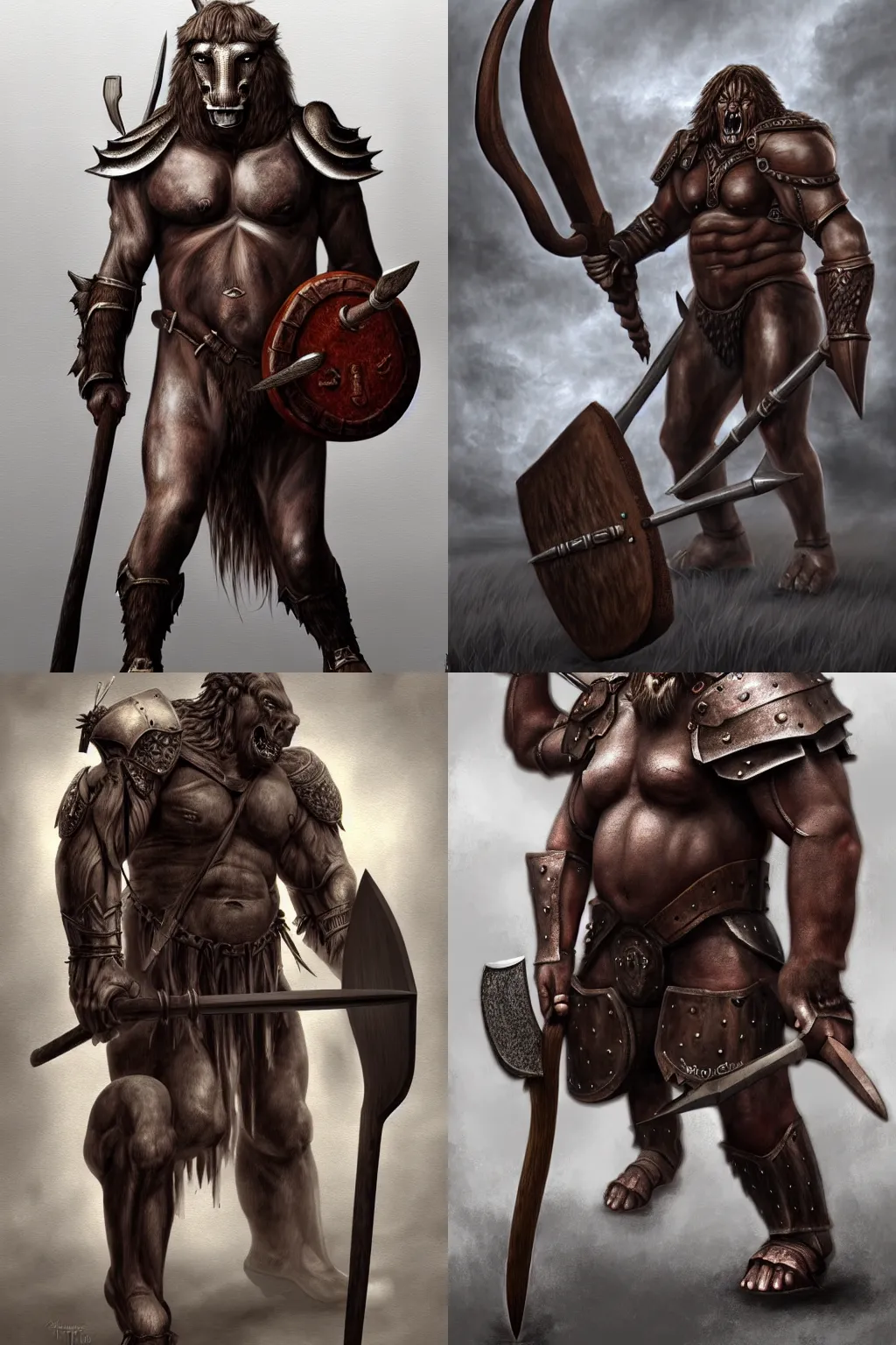 Prompt: Giant minotaur humanoid beast warrior with two handed axe, leather armor, full body, muscular, dungeons and dragons, hyperrealism, high details, digital painting, dark fantasy