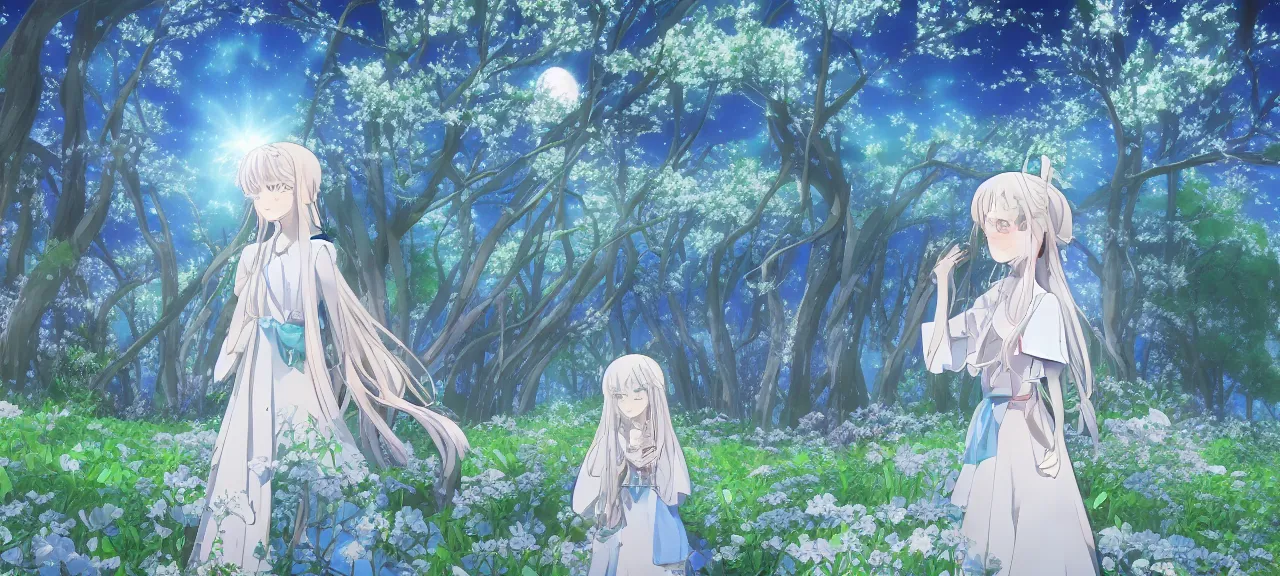 Image similar to illyasviel walking through enchanted ghibli clover | Big Moon at Blue Night | Trees with white flowers | bioluminescent blue FLOWERS | strong blue rimlit | visual-key | anime illustration | highly detailed High resolution | Light Novel | Visual Novel | In the style of Miyama-Zero, Yuuki Hagure