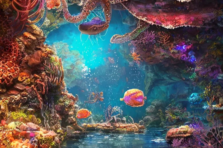 Prompt: beautiful painting of a huge caretta wearing a steampunk armour floating in a natural cave aquarium, coral reef, water bubbles, intricate details, jewel fishes, two magnificent jelly fish, realistic shaded , highly detailed, artstation, art by pascal campion, octane render, 4k, dynamic light, volumetric light, neon lights, cinematic mood