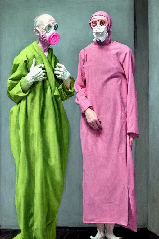 Prompt: two skinny old people with extra limbs, wearing gas masks, draped in pink and green robes, standing inside a deserted hospital room, hauntingly surreal, highly detailed painting by Francis Bacon, Edward Hopper, Adrian Ghenie, Gerhard Richter, and James jean Soft light 4K,