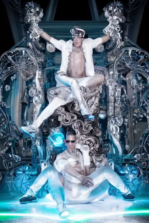 Image similar to full-body rococo and cyberpunk style neon statue of a muscular attractive Daddy Yankee macho dotado e rico android sim roupa reclining con las piernas abertas e la piroca dura, glowing white lasers, glowing eyes, silver prince crown, silver steampunk gears, white diamonds, swirling mint-colored silk fabric. futuristic elements. ethereal white dripping tar. full-length view. space robots. human skulls. intricate artwork by caravaggio. Trending on artstation, octane render, cinematic lighting from the right, hyper realism, octane render, 8k, depth of field, 3D