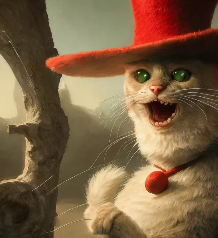 Prompt: complex 3 d render, hyper detailed, ultra sharp, of the cat in the hat, scary, funny, cinematic, natural soft light, rim light, art by greg rutkowski and craig mullins and moebius, dr seuss