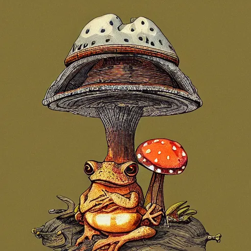 Image similar to A toad seated on an amanita-colored throne