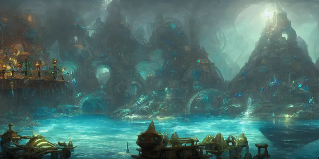 Image similar to a concept art of an underwater civilization by tyler edlin, trending on artstation, highly detailed, atmospheric, directional lighting, cinematic