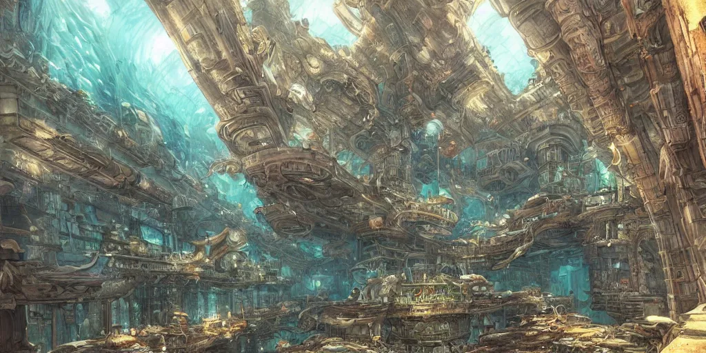 Image similar to masterpiece artwork of a underwater city inside of aquarium, hyper detailed, art, trending in artstation, behance, deviantart, art style by kim jung gi and greg rutkowski