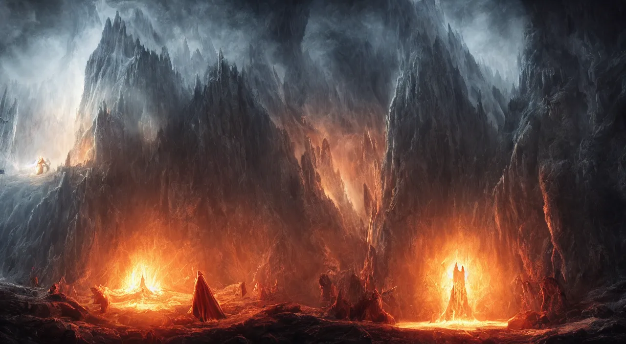 Image similar to god fighting the devil, dark, fiery, mines of moria, lord of the rings aesthetic, in style of alan lee, cinematic, cinematic lighting, octane render, motion blur, highly detailed