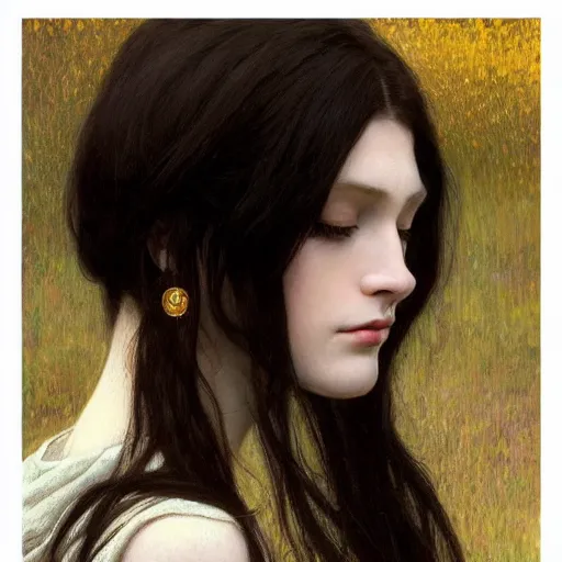 Image similar to Portrait of a beautiful, pale skin, female with long black hair, dark brown narrow-set eyes, faint smile, elegant clothing, photorealistic, highly detailed, artstation, smooth, sharp focus, art by Klimt, artgerm, Greg Rutkowski and Alphonse Mucha, natural light, Adobe Lightroom, photolab, Affinity Photo, PhotoDirector 365, artstation