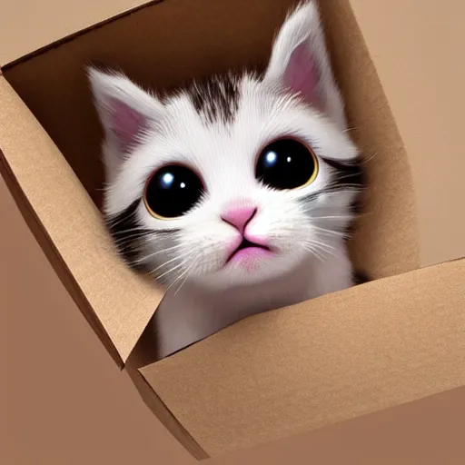 Prompt: cute fuzzy kittens in a cardboard box starting up at you with huge eyes, adorable, pixar