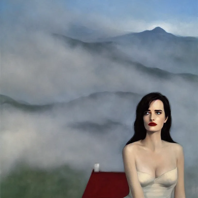 Prompt: portrait of Eva Green on a roof, fog, early morning, , painted by Edward Hopper, painted by Wayne Barlow, airbrush