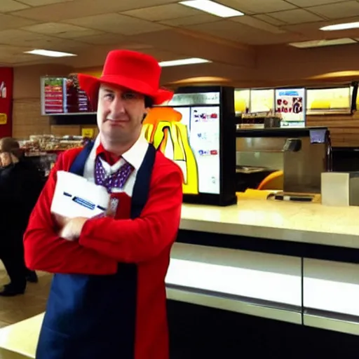 Prompt: Saul Goodman as a McDonalds Worker, mcdonalds store counter