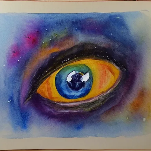 Image similar to a beautiful eye in the middle of a galaxy, watercolour