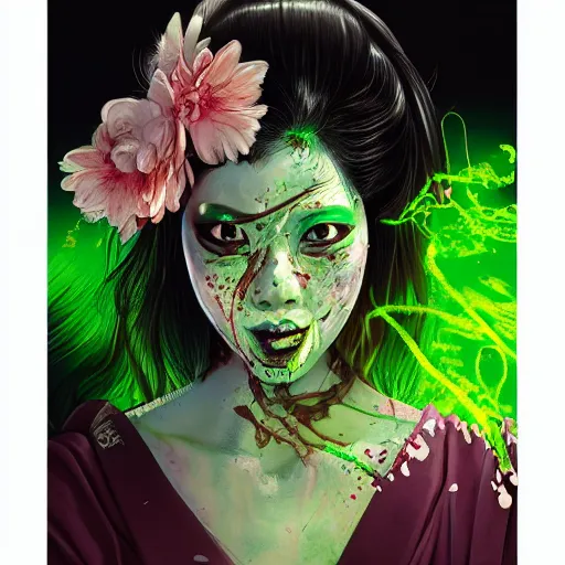 Image similar to clear portrait of japanese zombie geisha with neon green acid leaking from side of her mouth, background hyper detailed, character concept, full body, dynamic pose, glowing lights, intricate, elegant, highly detailed, digital painting, artstation, concept art, smooth, sharp focus, illustration, art by artgerm and greg rutkowski and alphonse mucha