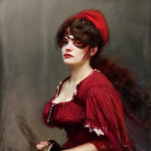 Image similar to Solomon Joseph Solomon and Richard Schmid and Jeremy Lipking victorian genre painting portrait painting of a young beautiful woman traditional exotic german french actress model pirate wench in fantasy costume, red background