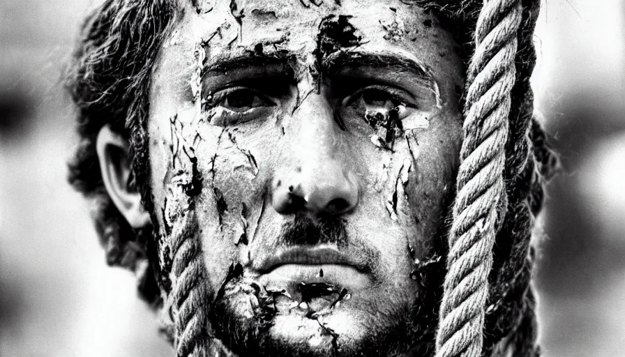 Image similar to 1 9 7 0 s movie still close - up of marcus atilius regulus'face tied with ropes at a pole with large - open bleeding eyes looking at the burning sun, cinestill 8 0 0 t 3 5 mm b & w, high quality, heavy grain, high detail, texture, dramatic light, anamorphic, hyperrealistic, detailed hair