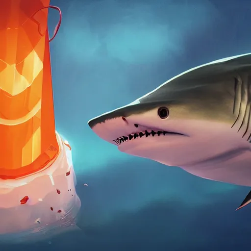 Image similar to half shark half orange and white traffic cone, wide shot, underwater background detailed atmospheric - ron cheng & alphonse mucha, highly detailed, digital painting, ray tracing, concept art, illustration, smooth sharp focus, intricate, symmetry, artstation,