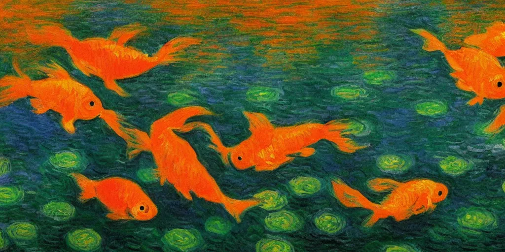 Image similar to An aesthetically pleasing, dynamic, energetic, lively, well-designed digital art of goldfish in a pond viewed from underwater, light and shadow, chiaroscuro, by Claude Monet and Vincent Van Gogh, superior quality, masterpiece, excellent use of negative space. 8K, superior detail, widescreen.