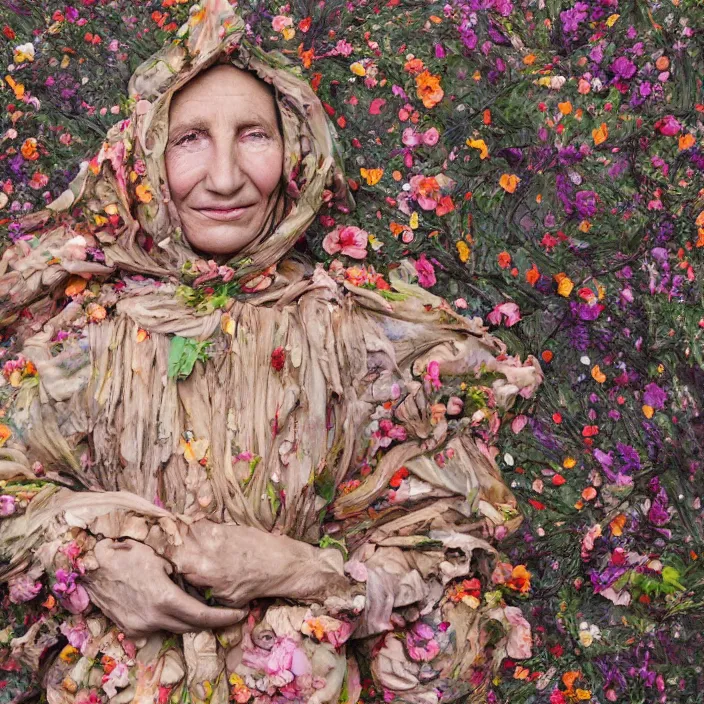 Image similar to a closeup portrait of a woman wearing a cloak made of plastic and mud, in an infinite landscape of flowers, photograph by paula rego, canon eos c 3 0 0, ƒ 1. 8, 3 5 mm, 8 k, medium - format print