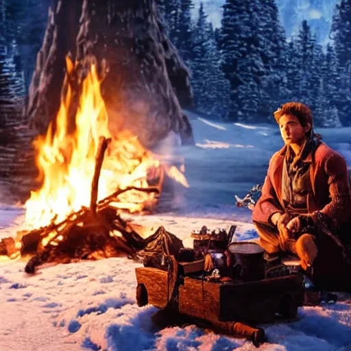 Image similar to a movie still from final fantasy live action, a traveler alone by the campfire in the snow