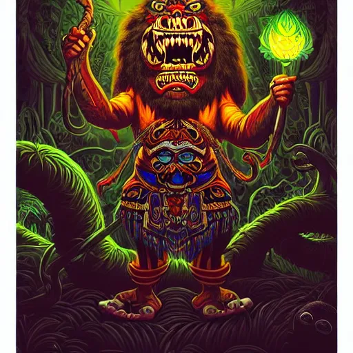 Prompt: barong family member with face and hands crossed, wiwek, mara demon, one single tribe member, jungle, one single mask, dark, ancient warrior, gorilla, lizard, tribal, inner glow, art by dan mumford and justin gerard