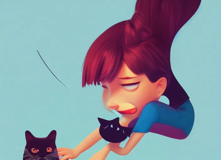 Prompt: pixar cartoon character of a tomboy girl being happy with a cat. style by petros afshar, christopher balaskas, goro fujita, and rolf armstrong.