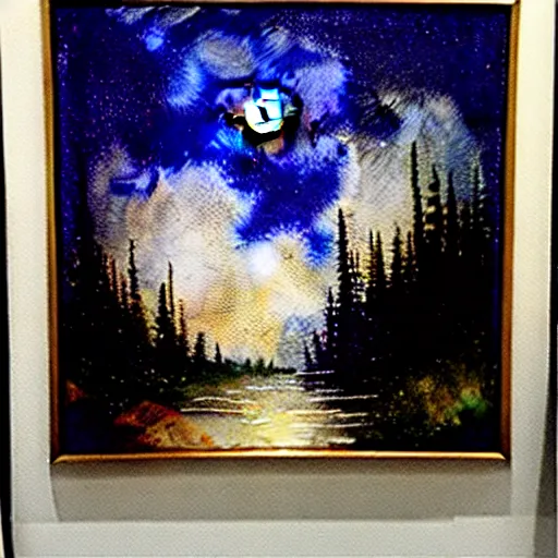 Prompt: a variety of sparkly landscapes at night with stars and a full moon, by bob ross, by leonardo davinci, watercolor, wet on wet, on canvas, studio lighting, as seen on tv, William Alexander, Thomas Kinkade