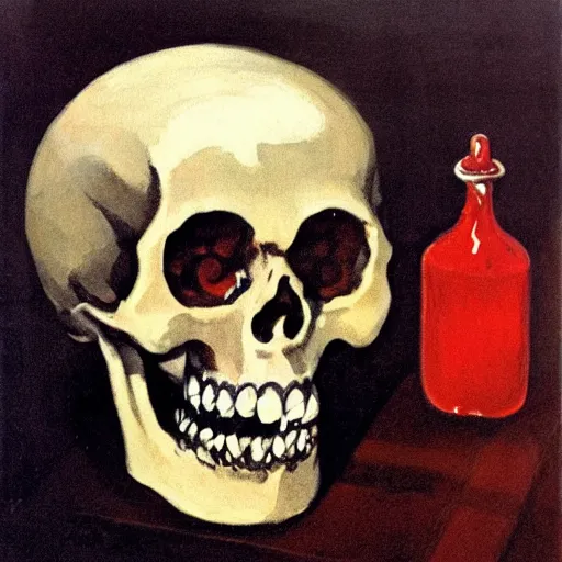 Prompt: transparent red liquid inside in a transparent skull, alexandre benois