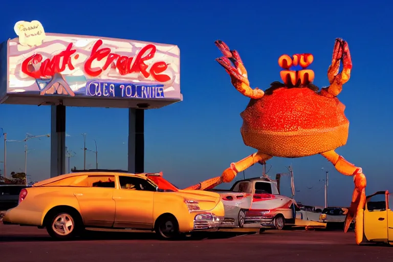 Image similar to giant crab attacking a california drive in, in 2 0 1 2, cutecore, y 2 k, bathed in the the glow of the sunset, low - light photograph, in style of monkeybone