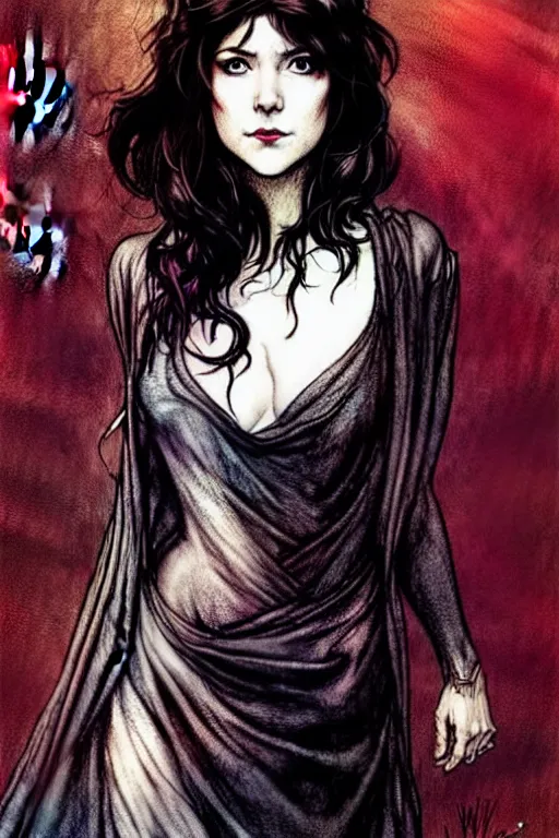 Image similar to style of arthur rackham, artgerm, rafael albuquerque, steve niles : : gorgeous mary elizabeth winstead : : evil sorceress, swirling black magic, black dress : : symmetrical face, symmetrical eyes : : full body pose : : gorgeous red hair : : cinematic lighting : :