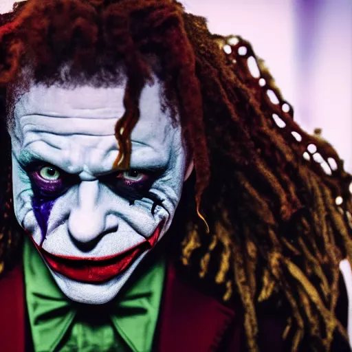 Prompt: a film still of Trippie Redd starring as The Joker, 40mm lens, shallow depth of field, split lighting, cinematic