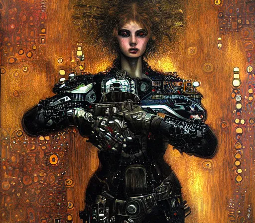 Image similar to cybernetic female supersoldier armed with laser rifle battling demon, intricate detail, klimt, royo, whealan,