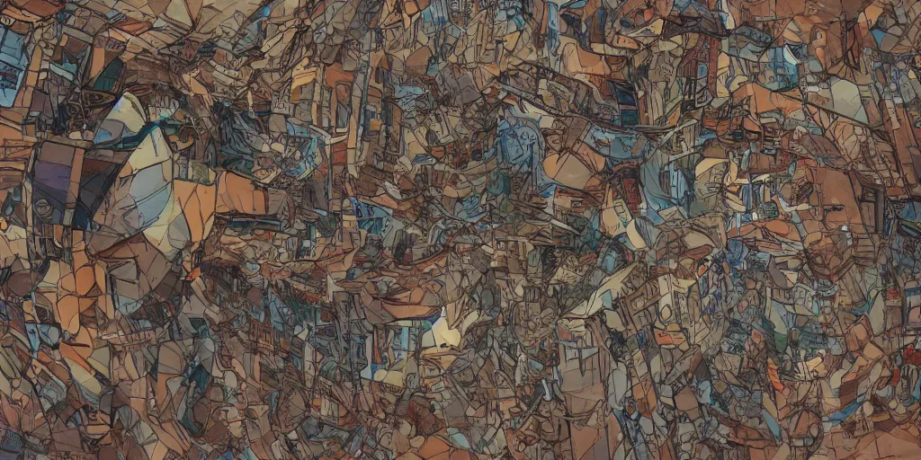 Image similar to escher style pattern of three point perspective, 3 6 0 panorama colorful kim jung gi characters with the texture of old rust and trash