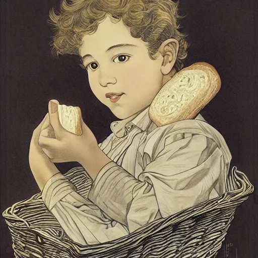 Prompt: a boy with long black curly hair, round face holding a loaf of bread in a basket. By JC Leyendecker. By Yasunari ikenaga .