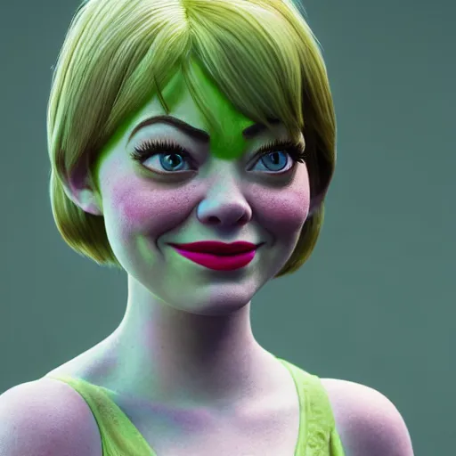 Image similar to Emma Stone as a female version of Shrek, Shrek face features, fully detailed, high quality , 4k , octane render , soft lightening , masterpiece