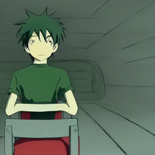 Image similar to anime boy alone in the dark cinema, green hair, red chair, lonely, screenshot from the film by Makoto Shinkai, Studio Ghibli, trending on pixiv