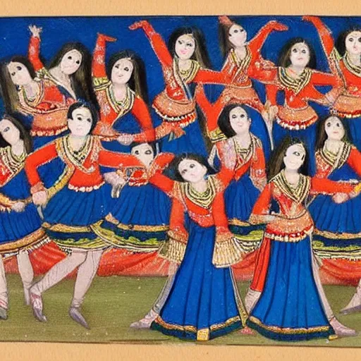 Image similar to a persian miniature painting, cheerleaders dancing, high detail, high quality, hd