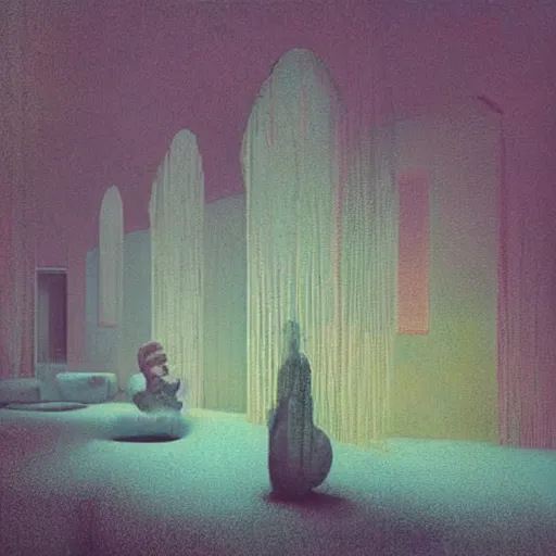 Image similar to strangely beautiful place. digital artwork by vincent bons, michael whelan, beeple, remedios varo and gerardo dottori. grainy and rough. interesting pastel colour palette. beautiful light. oil and water colour based on high quality render. retro.