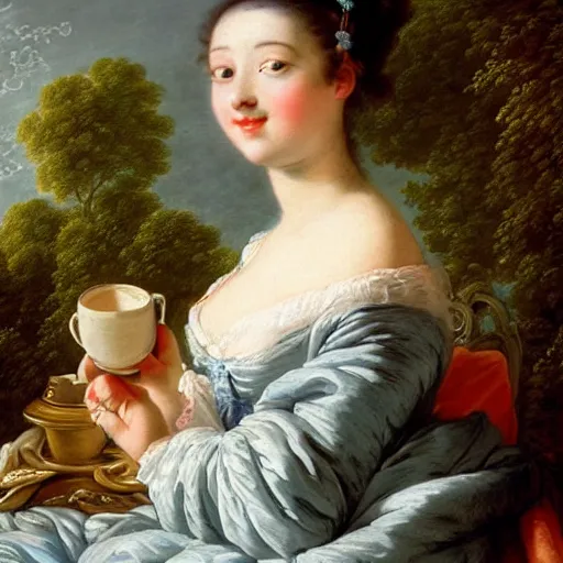 Image similar to a beautiful close - up portrait painting of a woman sipping tea in a park by francois boucher