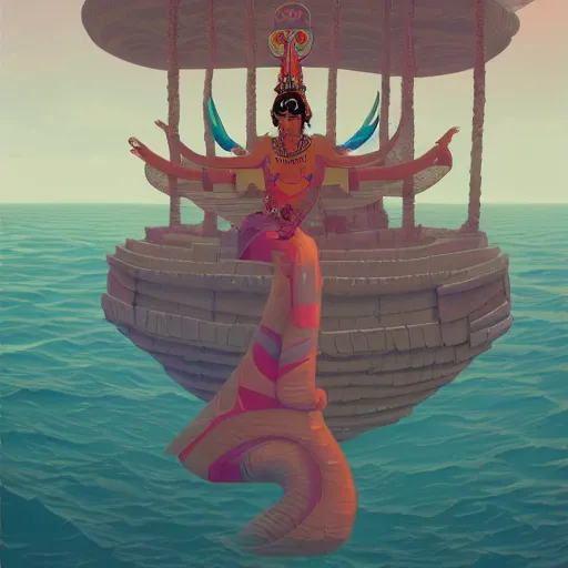 Prompt: mayan priestess floating over an ocean, sharp focus, james gilleard, moebius, print, cinematic, surreal, game art