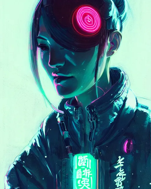 Prompt: detailed portrait neon operator lady, ponytail, cyberpunk futuristic, neon, reflective puffy coat, decorated with traditional japanese by ismail inceoglu dragan bibin hans thoma greg rutkowski alexandros pyromallis nekro rene margitte, illustrated, perfect face, fine details, realistic shaded, fine - face, pretty face