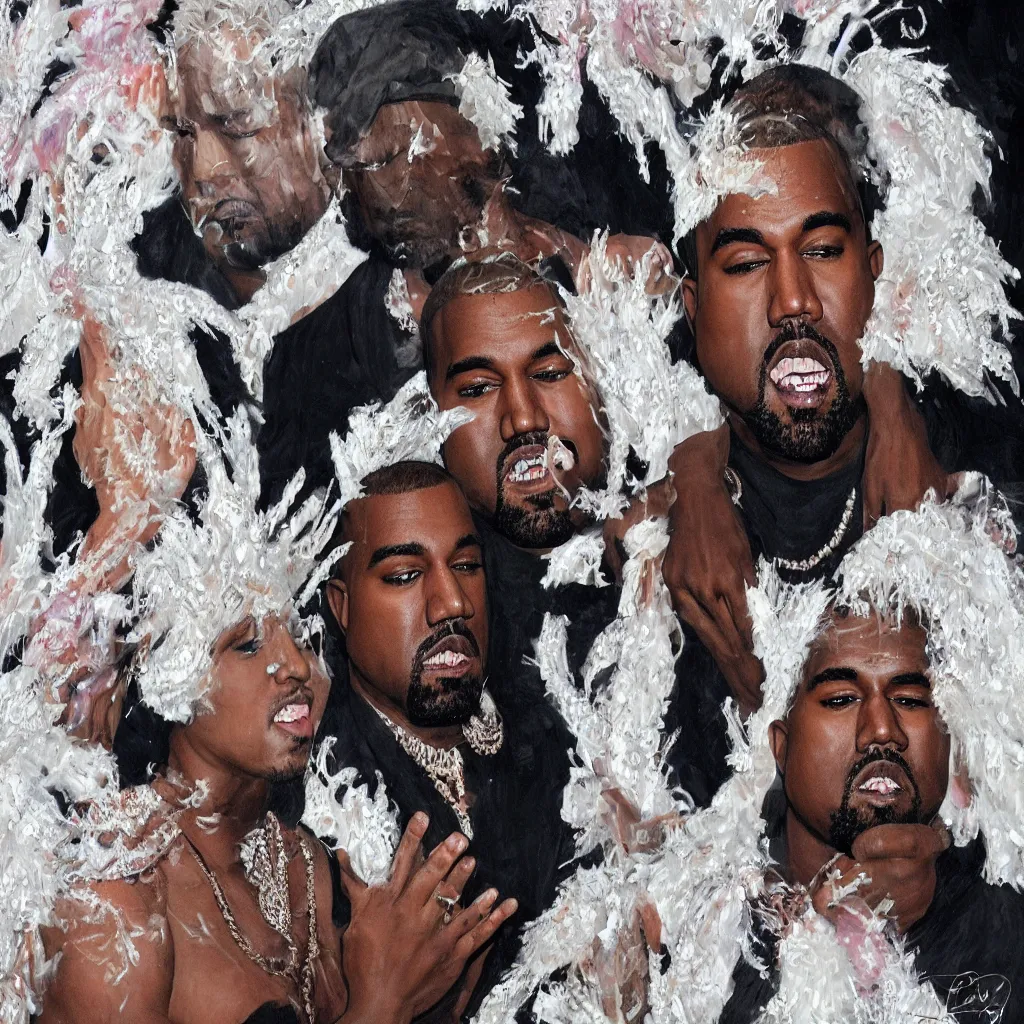 Image similar to kanye west and lil naz x making various facial expressions _ with _ a _ decorated _ dress _ made _ of _ white _ pearls _ and _ white _ plumes _ of _ swan _ highly _ detailed _ digital _ painting