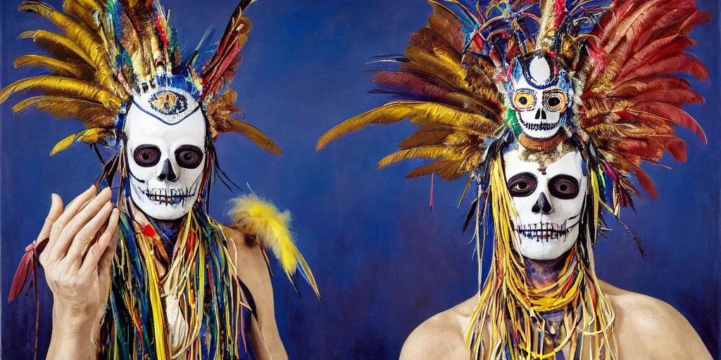 Image similar to ney matogrosso with paint on face, feathers, leather, lace, gold wings on head, tibetan skeleton dancer, painting by gottfried helnwein, leonora carrington