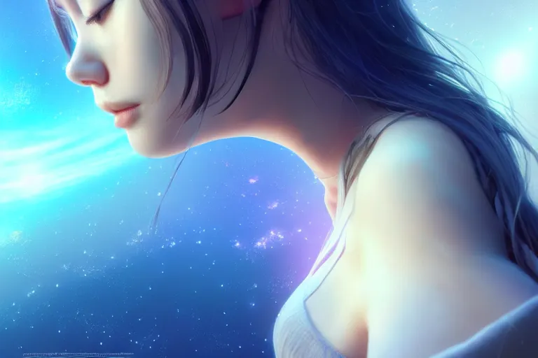 Prompt: a dreaming dreamer floating on the space, full body, occlusion shadow, specular reflection, rim light, unreal engine, octane render, artgerm, artstation, art by hiroaki samura, high quality, intricate detailed 8 k, dreamy illustration, extremely beautiful and aesthetic shape of face and body, movie poster