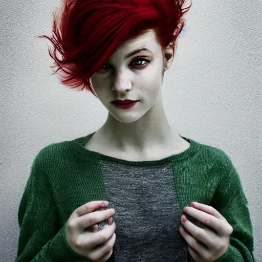 Image similar to a fantastic portrait photograph of a smiling girl with red hair and green eyes by Alessio Albi, symmetrical face, artstation, deviantart, hyperrealism