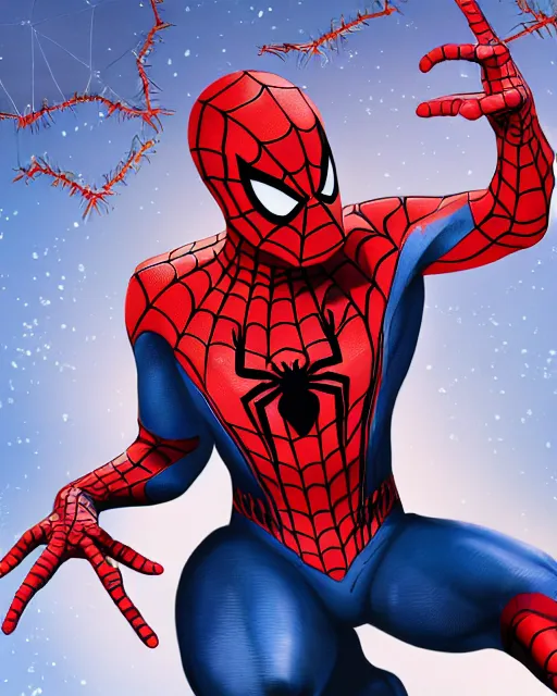 Image similar to spiderman in a christmas style spider suit, 8 k photo, portrait, dynamic lighting, fantasy concept art, trending on art station, stunning visuals, creative, cinematic, ultra detailed, comic strip style